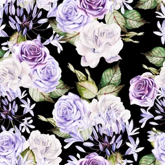 Foto op Canvas Beautiful watercolor seamless pattern with  white and purple roses, bud.  © knopazyzy