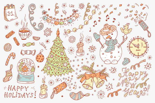 Holiday Set. Happy New Year. Happy winter holidays. Merry Christmas. Hand Drawn Doodles New Year characters and decorations.