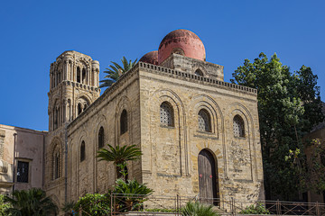 Arab-Norman architecture of San Cataldo Church (Chiesa San Cataldo, 1154) located in heart of historic centre at Piazza Bellini. Palermo, Sicily, Italy.