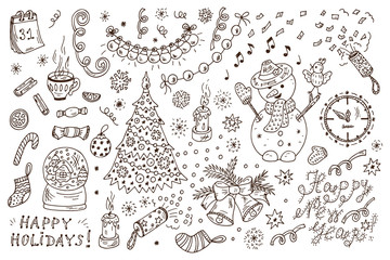 Holiday Collection. Happy New Year. Happy winter holidays. Merry Christmas. Set of New Year characters and decorations. Hand Drawn Doodles illustration.