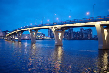 Fototapeta na wymiar Large bridge illuminated on a winter evening