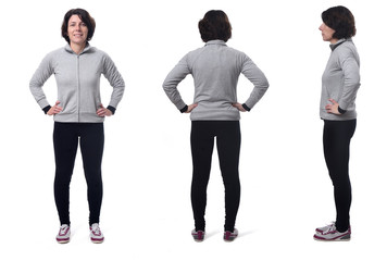 Fototapeta premium full length portrait of a woman front , back, side ways hands on hip on white background