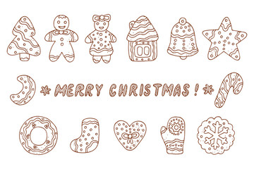 Vector Set of Doodles Christmas Cookies. Gingerbread.