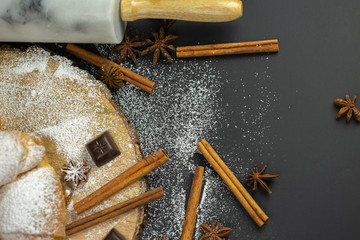 Morning croissant with chocolate and cinnamon