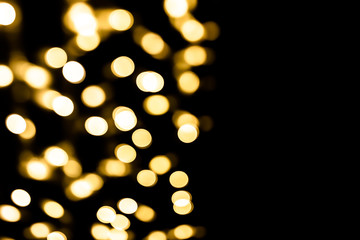 Festive overlay effect. Golden circles bokeh festive glitter dark background. Christmas, New Year, holidays design. Copy space