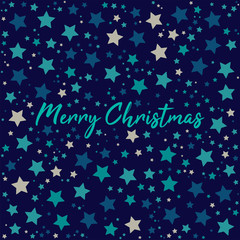 Merry Christmas flat vector greeting card design with stars and lettering.
