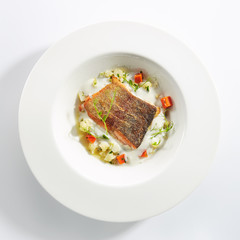 Trout Fillet in Cream Sauce with Vegetable Stew Isolated