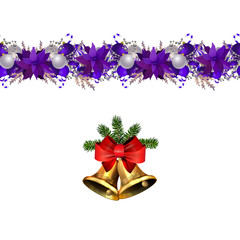 Christmas decorations with fir tree and decorations seamless border