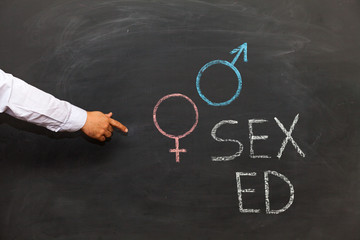 School blackboard with text SEX ED