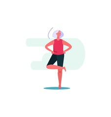 Cheerful barefooted woman practicing yoga. Senior woman with closed eyes standing in tree pose flat vector illustration. Dancing concept for banner, website design or landing web page