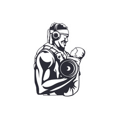 illustration of  father is carrying a child while playing barbells