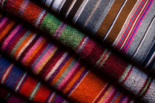 Close up of traditional Peruvian woven fabrics