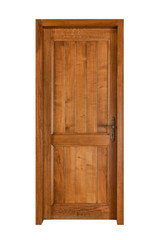 A dark brown wooden door isolated on white background