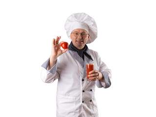 chef in glasses with a glass of tomato juice. 