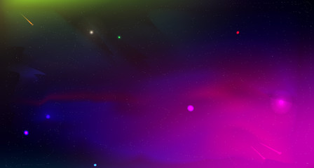 Fototapeta premium Cosmic landscape. Distant stars and planets. Galaxies. Milky Way. Realistic vector stock illustration. Space. Abstract background. Purple and purple blurry colors.