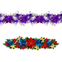 Christmas decorations with fir tree and decorations seamless border