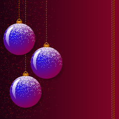 Vector balls for christmas tree. Christmas toys hang on a burgundy background with sparkles. Multicolored Christmas decoration in a flat style for the design of cards, leaflets