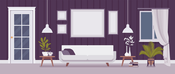 Well-designed living room, inspiring interior for home, office. Inviting comfort, scandinavian elegance, furniture kit for enjoying family time, entertaining. Vector flat style cartoon illustration © andrew_rybalko