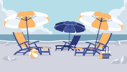 Sea vacation beach chairs. Place for reflection, relaxation and renewal to experience journey therapy, family friendly resort welcoming and waiting for tourist. Vector flat style cartoon illustration