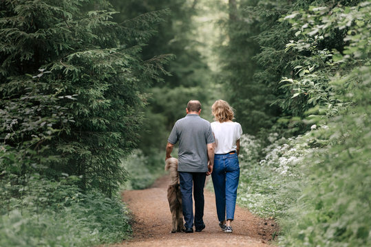couple walking in the forest with their dog, rear view
