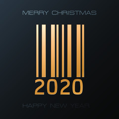 Golden 2020 barcode symbol and Merry Christmas and Happy New Year text on black background. Christmas sale square vector template.
