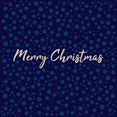 Merry Christmas greeting card design with gold lettering and snowflakes on blue background.