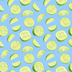 Watercolor lime seamless pattern. Hand drawn botanical illustration of citrus slices isolated on blue background