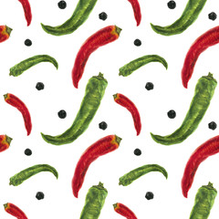 Red and green chili peppers watercolor seamless pattern with clipping path
