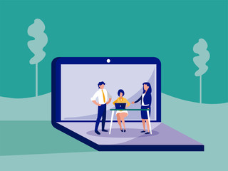 Group of businesspeople inside laptop vector design