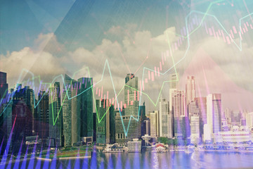 Forex chart on cityscape with skyscrapers wallpaper multi exposure. Financial research concept.