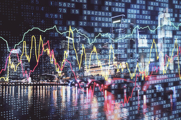 Financial chart on city scape with tall buildings background multi exposure. Analysis concept.