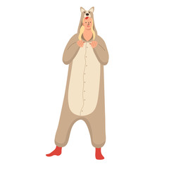 Woman wearing dog pajamas . Flat vector illustration.