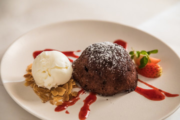 Chocolate fondant on a squirrel plate with strawberries and ice cream.