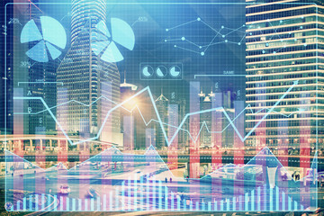 Financial chart on city scape with tall buildings background multi exposure. Analysis concept.