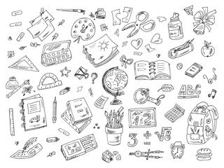 Back to school. Set of school supplies. Hand Drawn Doodles illustration