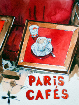 Interior of typical old coffee shop in Patis with red benches and wooden tables with cup of coffee original watercolor painting