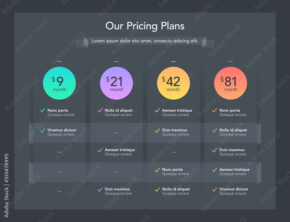 Leinwandbilder modern pricing table with four subscription plans and place for description - dark version. flat inf