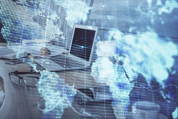 Multi exposure of business theme icons and work space with computer background. Concept of success.