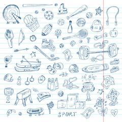 Sports. Seamless pattern of sports equipment. Hand Drawn Doodles Vector illustration.