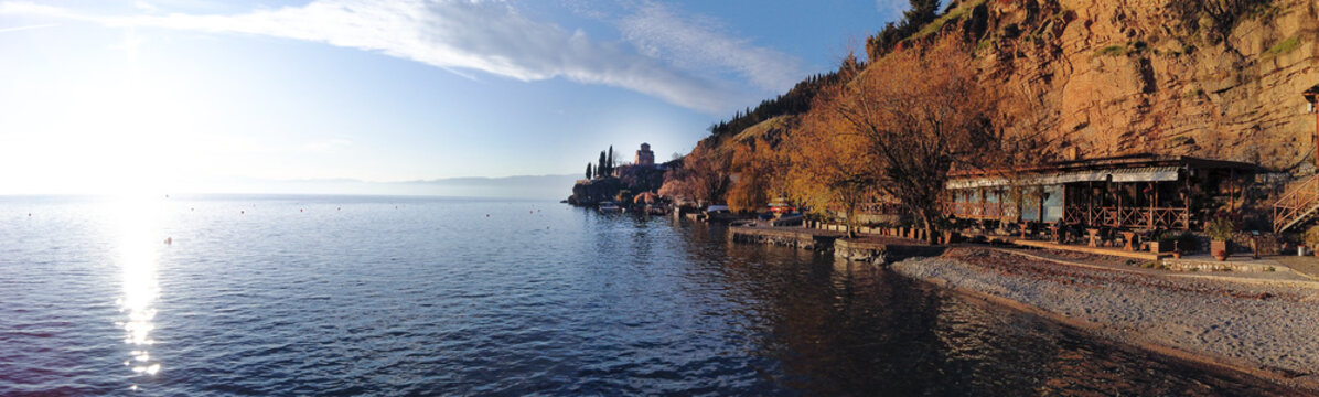 sunset over lake ohrid, macedonial potpesh beach