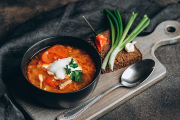 Traditional Ukrainian Russian red soup borscht with ingredients, spice and herbs  in the bowl on a dark background.