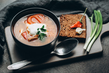 Traditional Ukrainian Russian red soup borscht with ingredients, spice and herbs  in the bowl on a dark background.