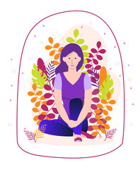 Introvert is sitting and immersed in his inner spiritual world on a floral background. Transparent dome is metaphor. Introverted girl character in cartoon style.
