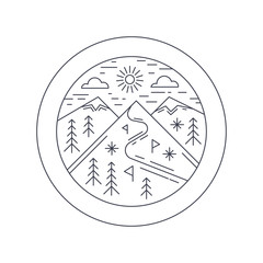 Winter mountain sticker, vector illustration. Ski resort concept, outline design.
