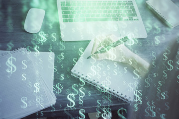 Forex chart displayed on woman's hand taking notes background. Concept of research. Multi exposure