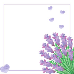 Watercolor nature floral squared border frame with purple and lilac lavender flowers bouquet, green leaves and branches with hearts for invitations and greeting cards with the space for text