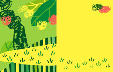 Modern collage with place for text. Tree, leaves, stripes, abstract patterns and geometric forms. Copy space on the right, Horizontal vector illustration.