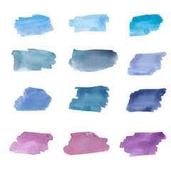 Watercolor hand painted brush strokes set from light blue to dark and purple isolated on the white background, trendy smears colors for design elements and paint