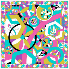 A fabulous and fun print. Abstract geometric swirl silk scarf in pink, ivory, purple, and black. Engineered spiral motif border detailing.Vintage Silk Scarf.