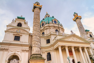 City landscape - bottom view of the Karlskirche (St. Charles Church) located on the Karlsplatz in Vienna, Austria